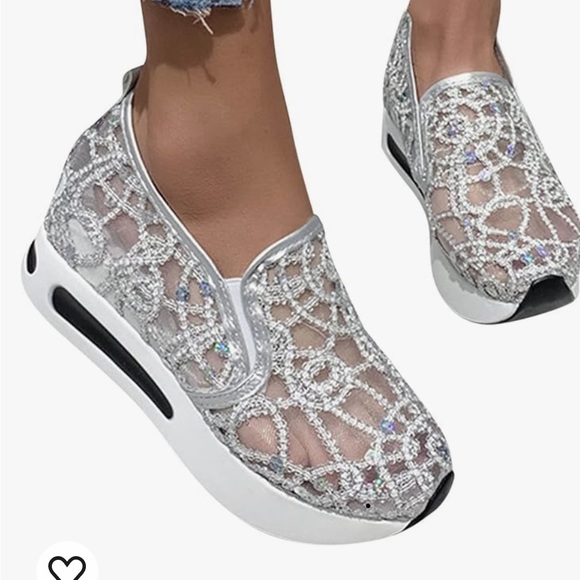 Shoes - Silver And White Glitter and Lace Platform Slip On Shoes